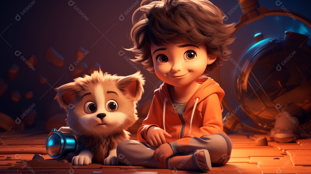 Personagens de desenhos animados infantis brincando com animais de estimação, estilo 3D criado pela Generative.