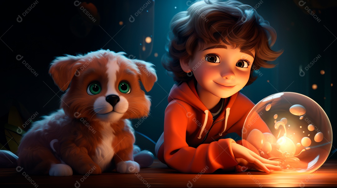 Personagens de desenhos animados infantis brincando com animais de estimação, estilo 3D criado pela Generative.