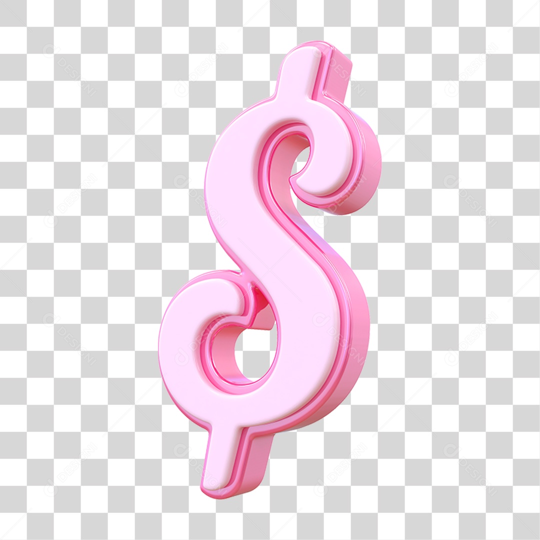 Símbolo $ Decorativo em Estilo Rosa 3D Formato PNG Transparente