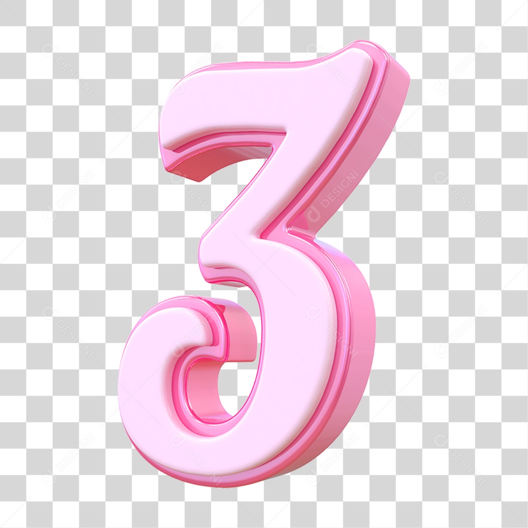 Número 3 Decorativo em Estilo Rosa 3D Formato PNG Transparente