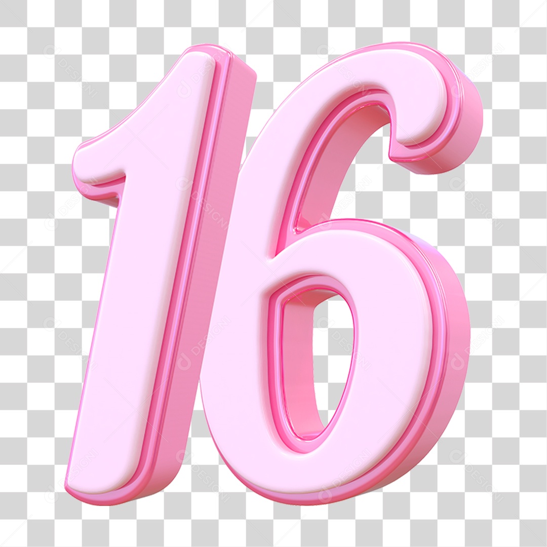 Número 16 Decorativo em Estilo Rosa 3D Formato PNG Transparente