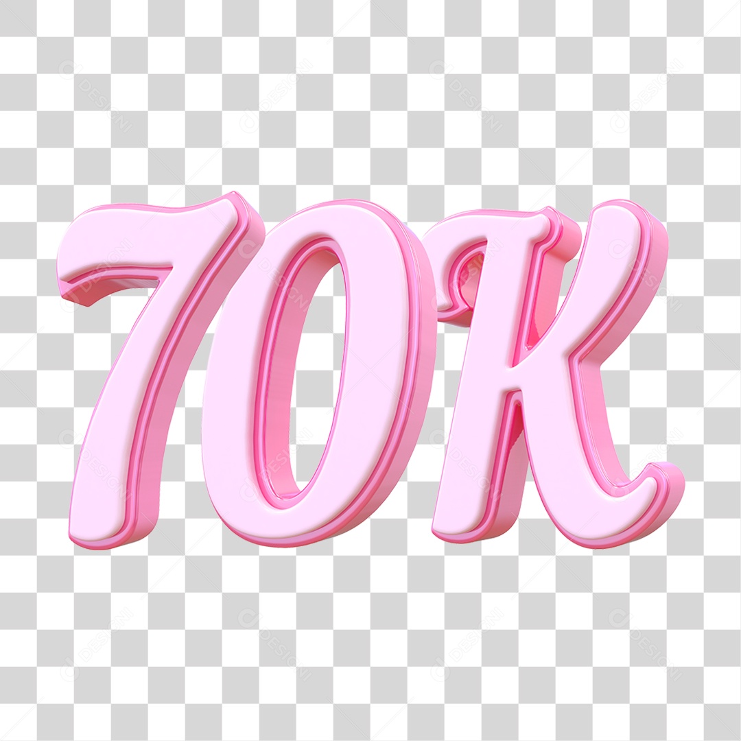 Número 70K Decorativo em Estilo Rosa 3D Formato PNG Transparente