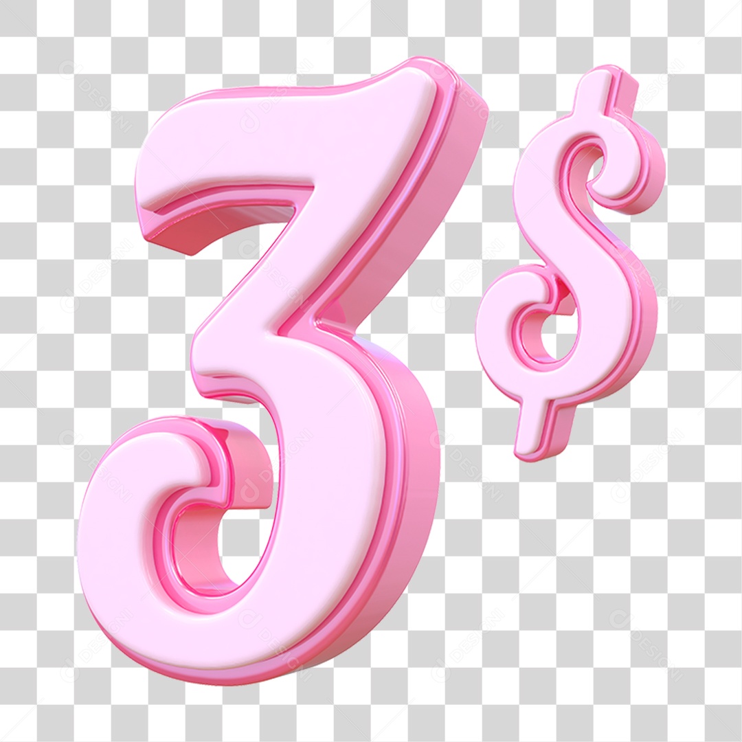Número 3$ Decorativo em Estilo Rosa 3D Formato PNG Transparente