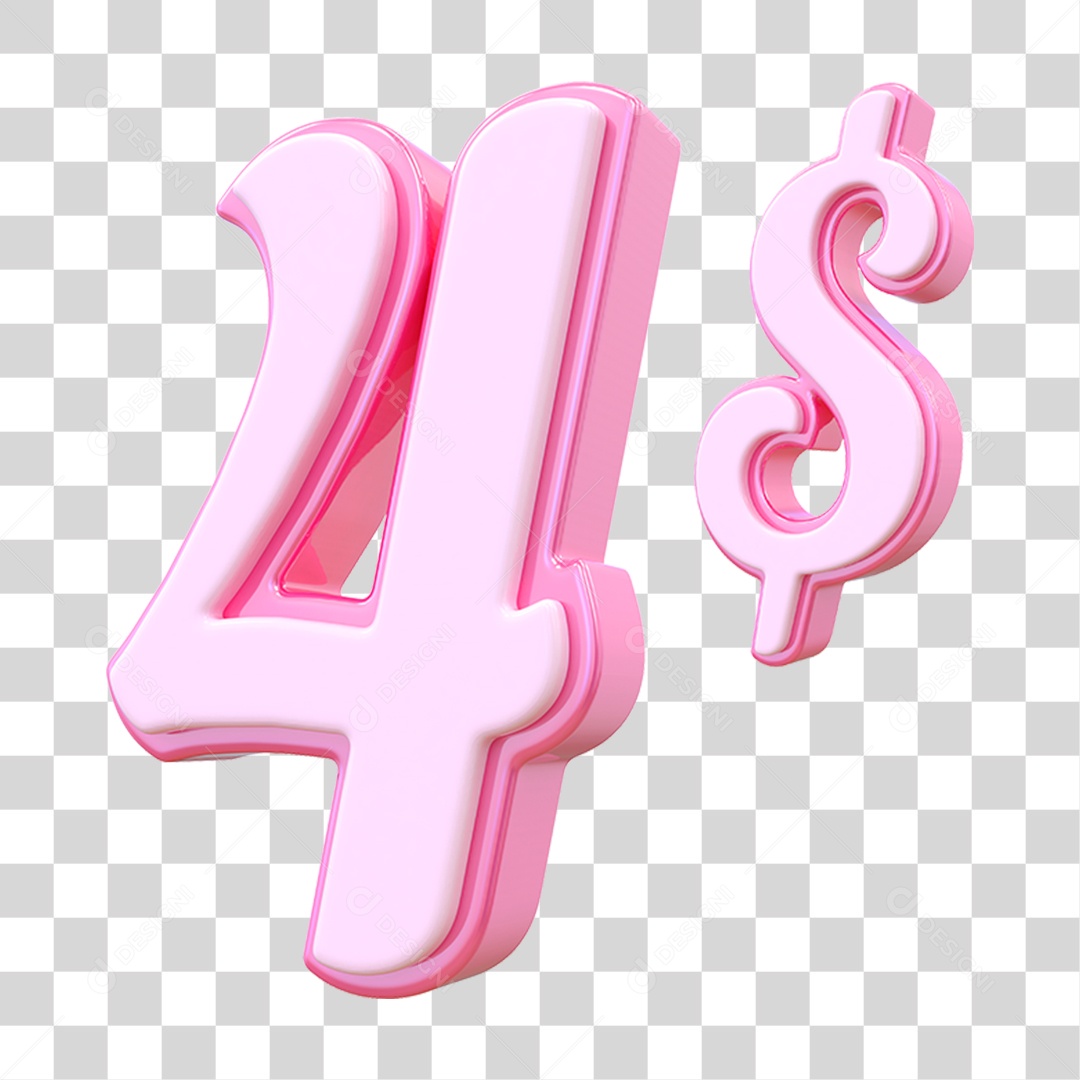 Número 4$ Decorativo em Estilo Rosa 3D Formato PNG Transparente