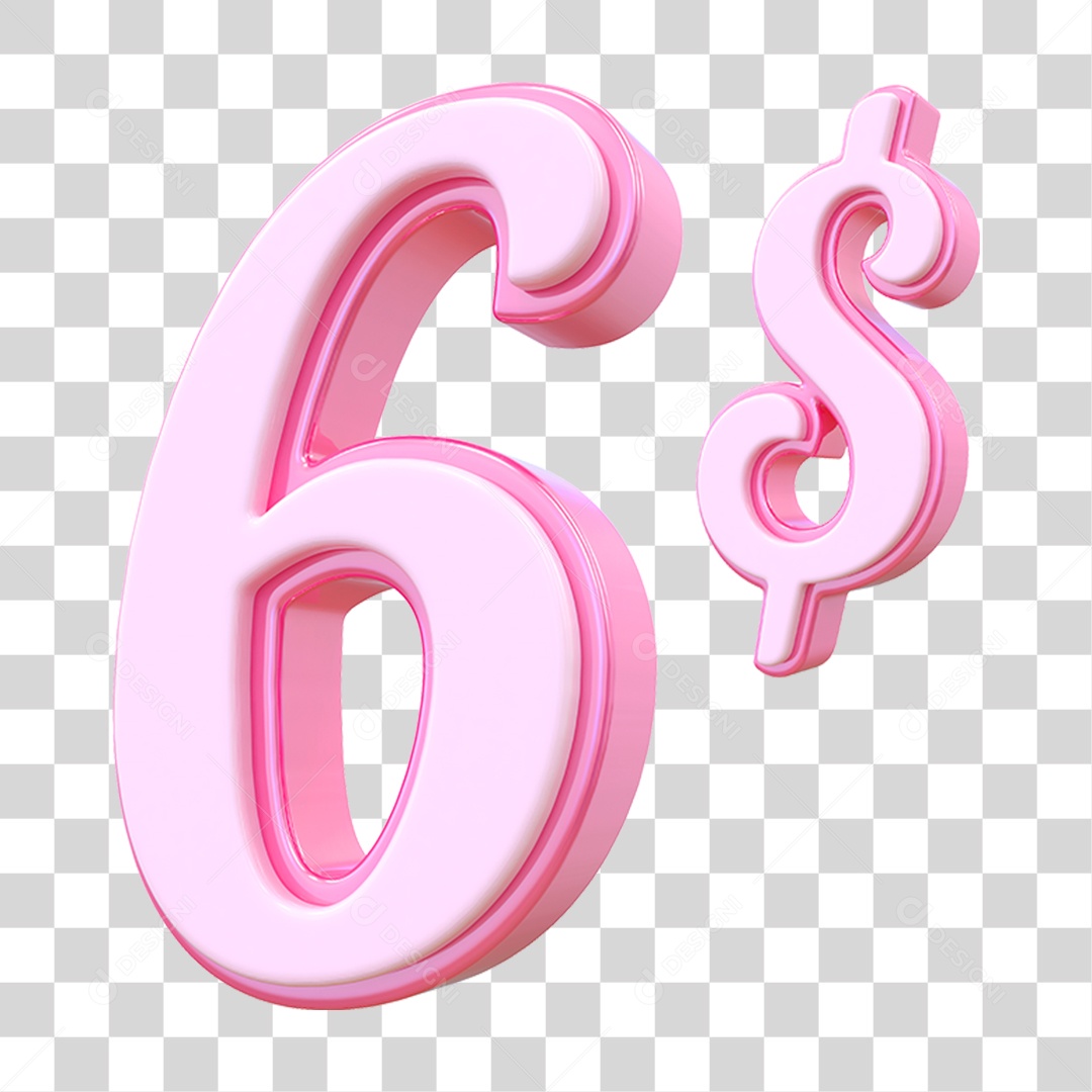 Número 6$ Decorativo em Estilo Rosa 3D Formato PNG Transparente