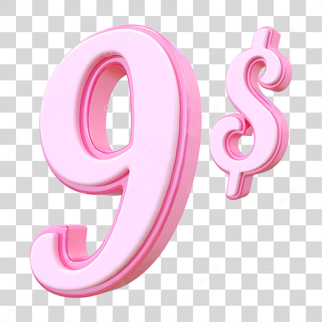 Número 9$ Decorativo em Estilo Rosa 3D Formato PNG Transparente