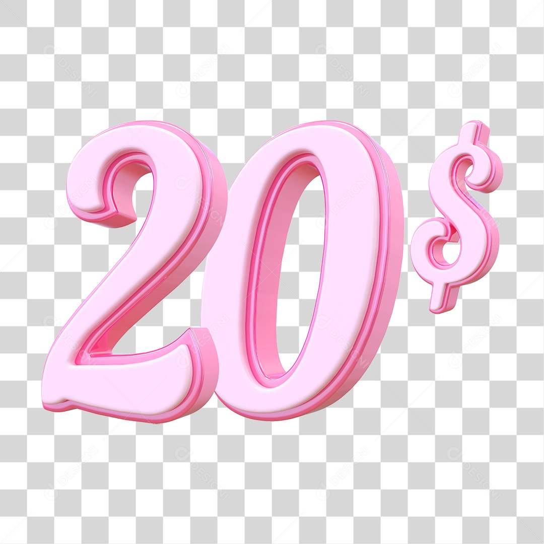 Número 20$ Decorativo em Estilo Rosa 3D Formato PNG Transparente