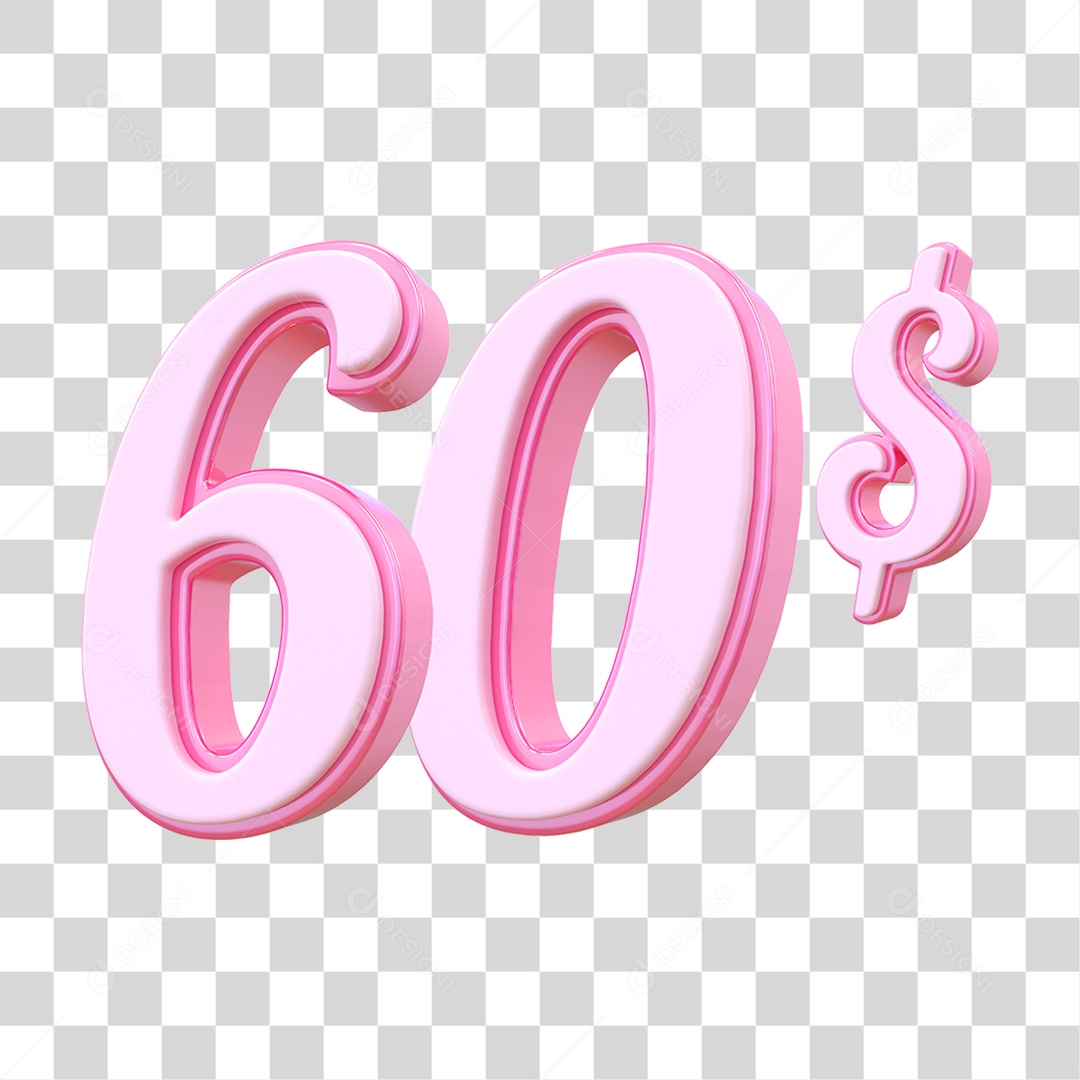 Número 60$ Decorativo em Estilo Rosa 3D Formato PNG Transparente