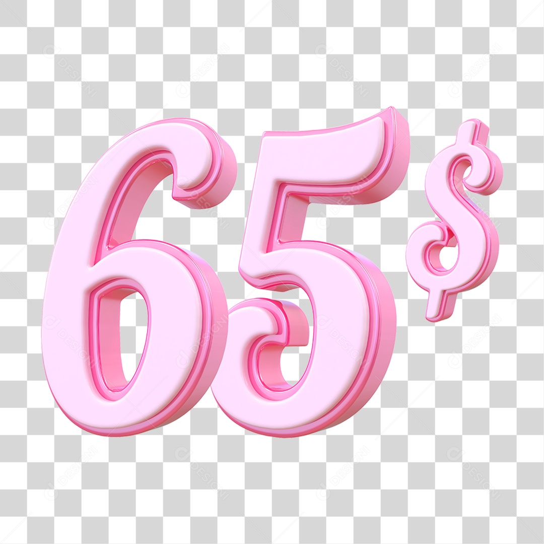 Número 65$ Decorativo em Estilo Rosa 3D Formato PNG Transparente