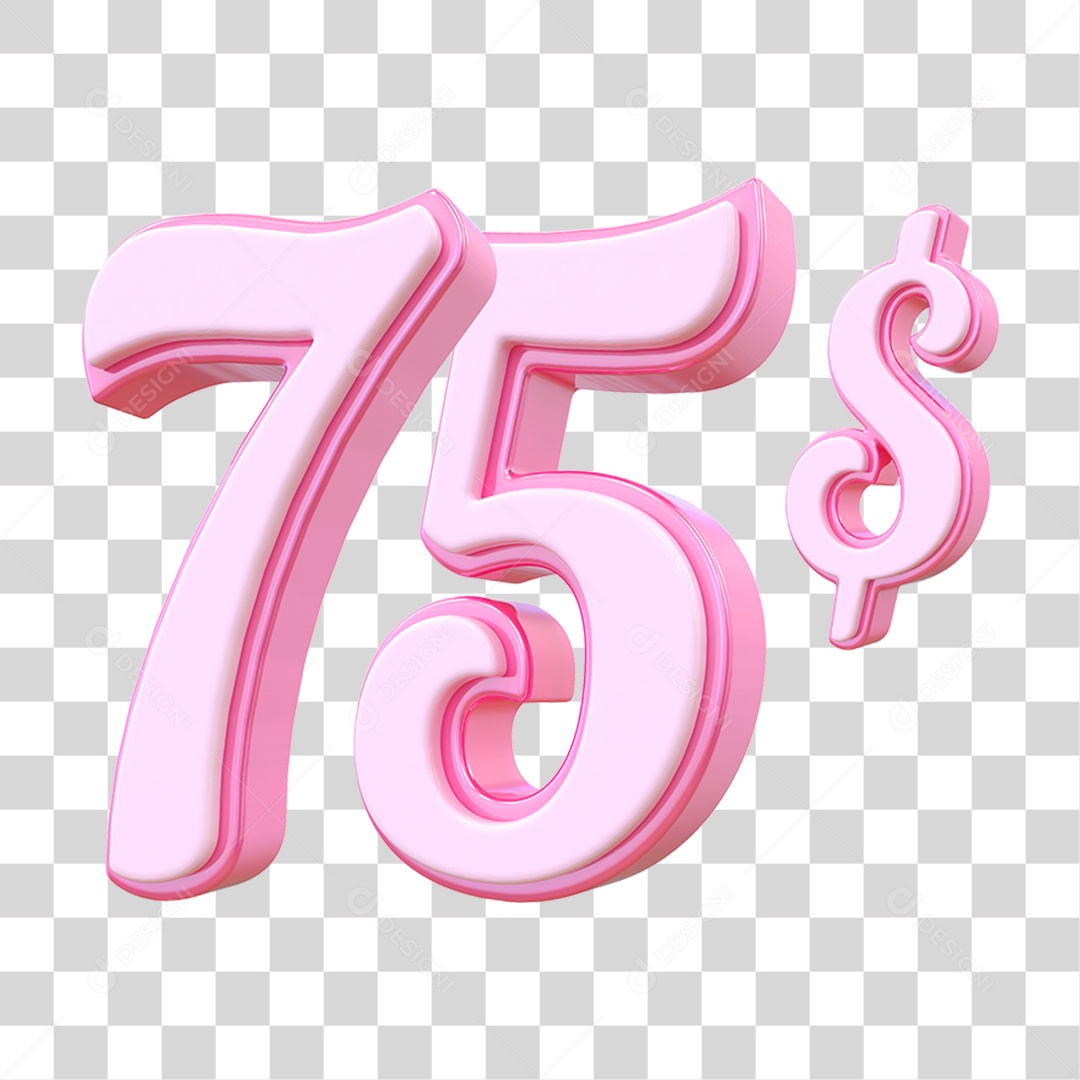 Número 75$ Decorativo em Estilo Rosa 3D Formato PNG Transparente