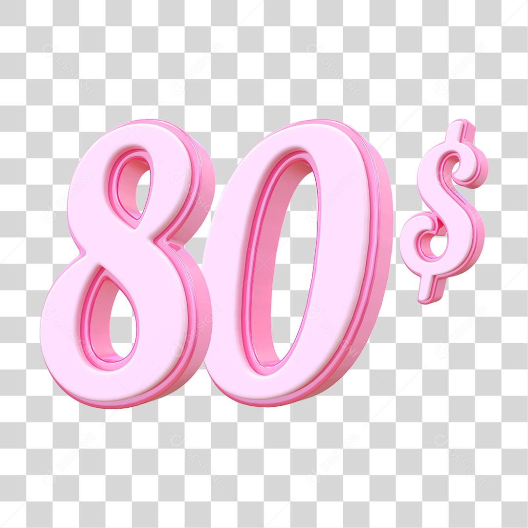 Número 80$ Decorativo em Estilo Rosa 3D Formato PNG Transparente