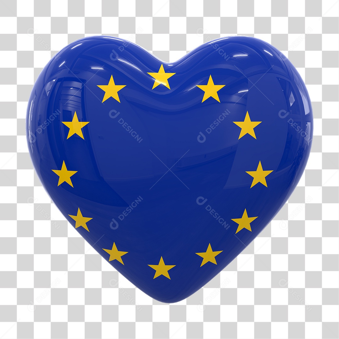 Coração com Bandeira da União Europeia em Estilo Realista Formato PNG Transparente