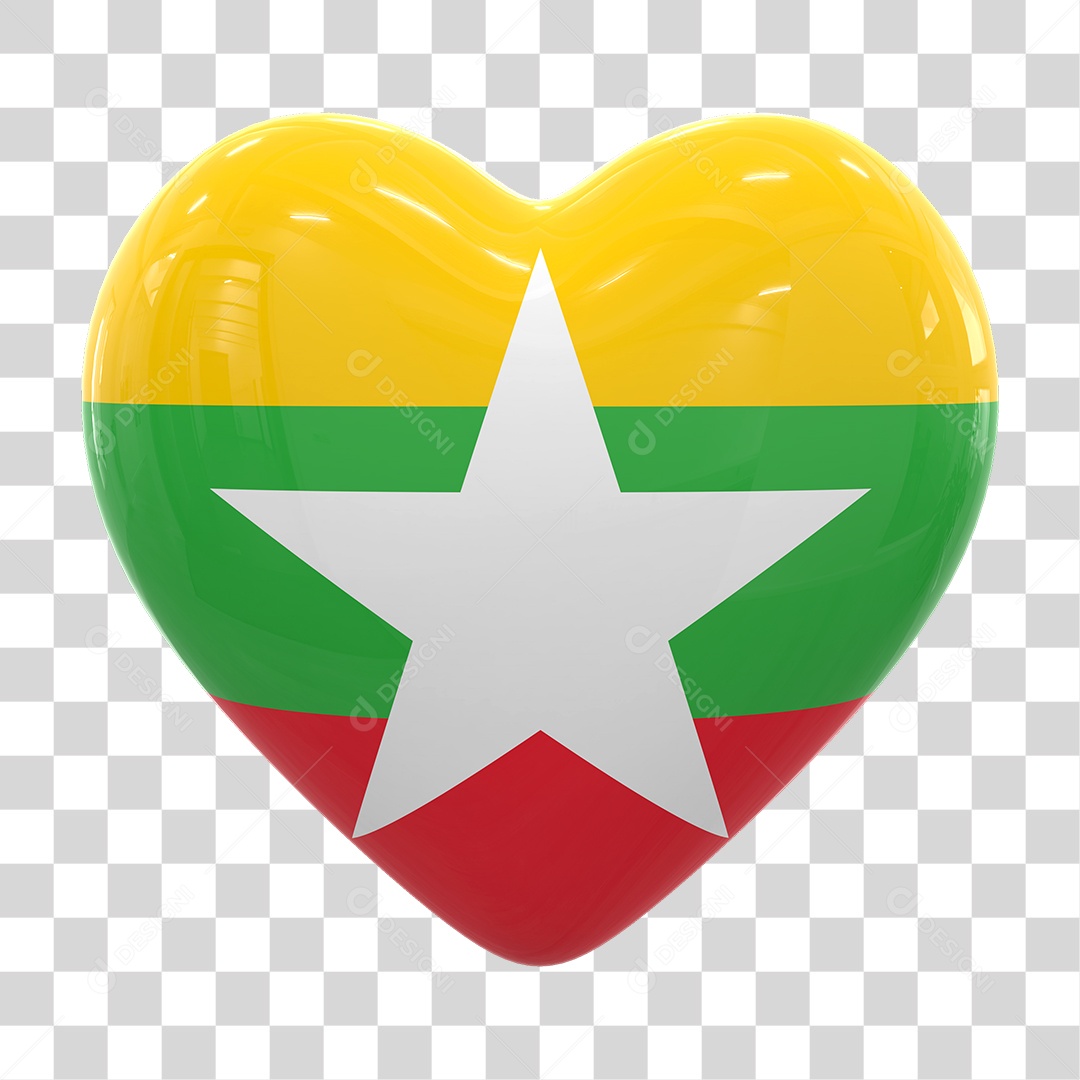 Coração com Bandeira de Mianmar em Estilo Realista Formato PNG Transparente