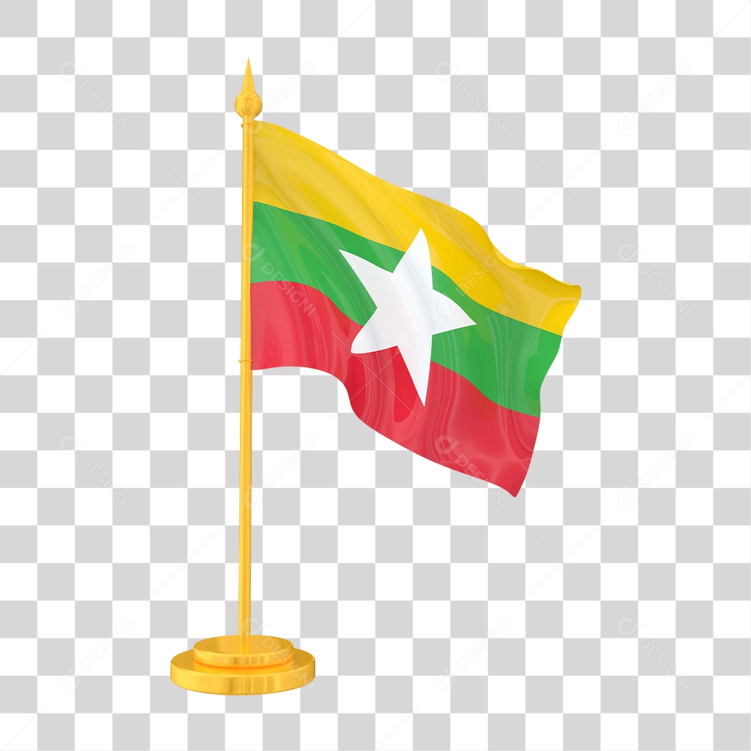 Bandeira de Mianmar em Estilo Realista no Mastro Formato PNG Transparente