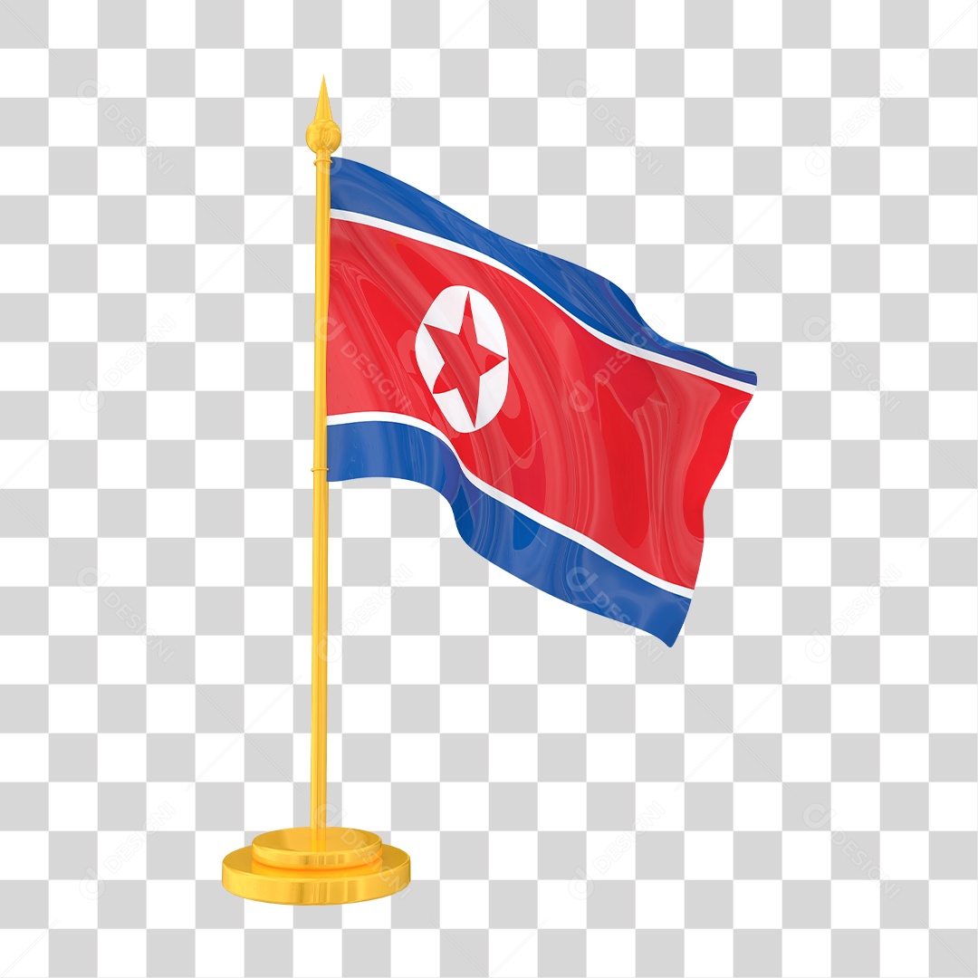 Bandeira da Coreia do Norte em Estilo Realista no Mastro Formato PNG Transparente