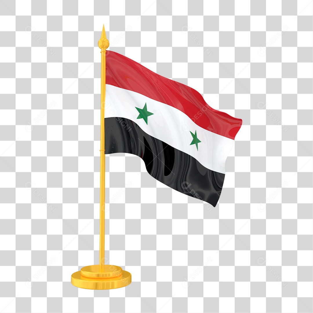 Bandeira da Síria em Estilo Realista no Mastro Dourado Formato PNG Transparente
