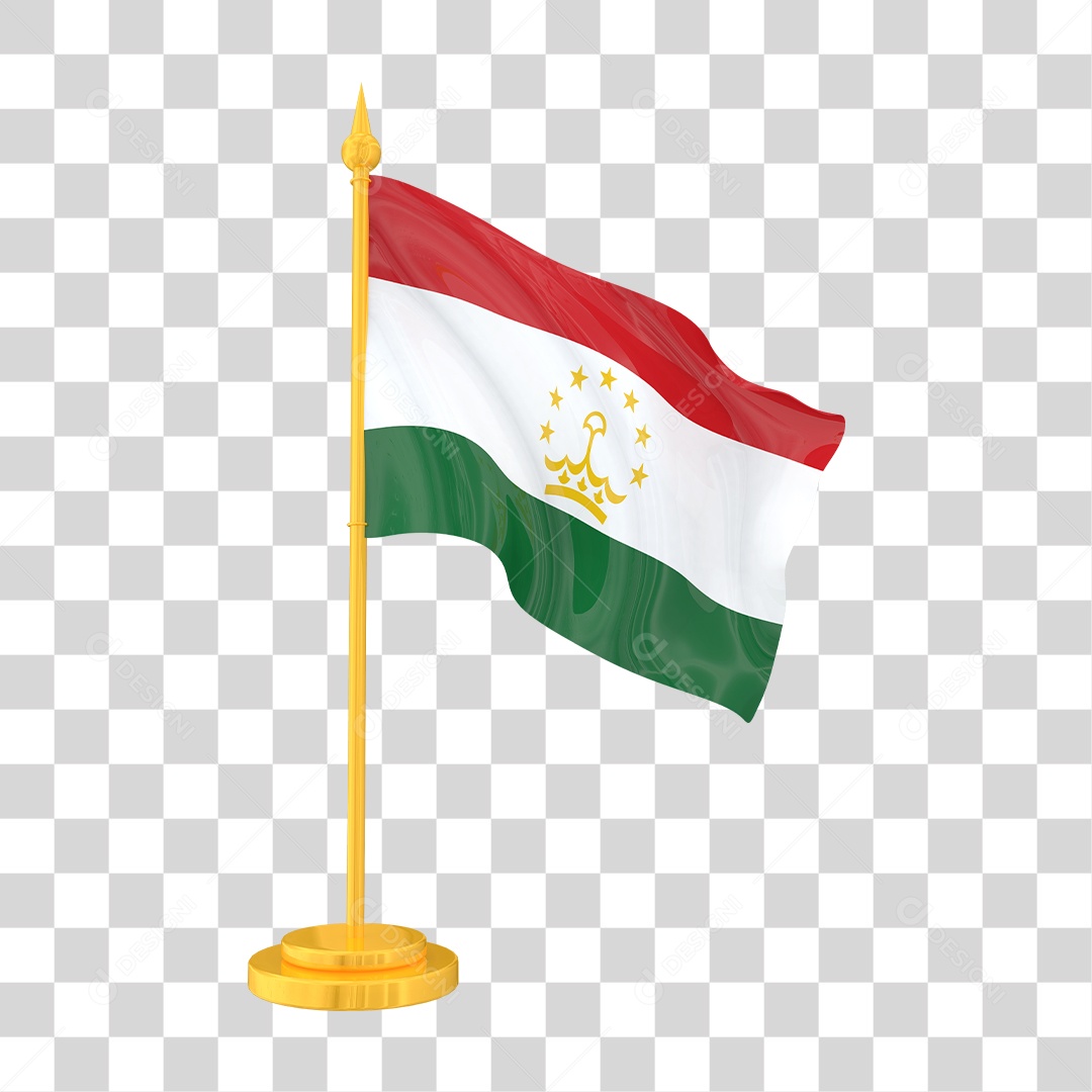 Bandeira do Tajiquistão em Estilo Realista no Mastro Dourado Formato PNG Transparente