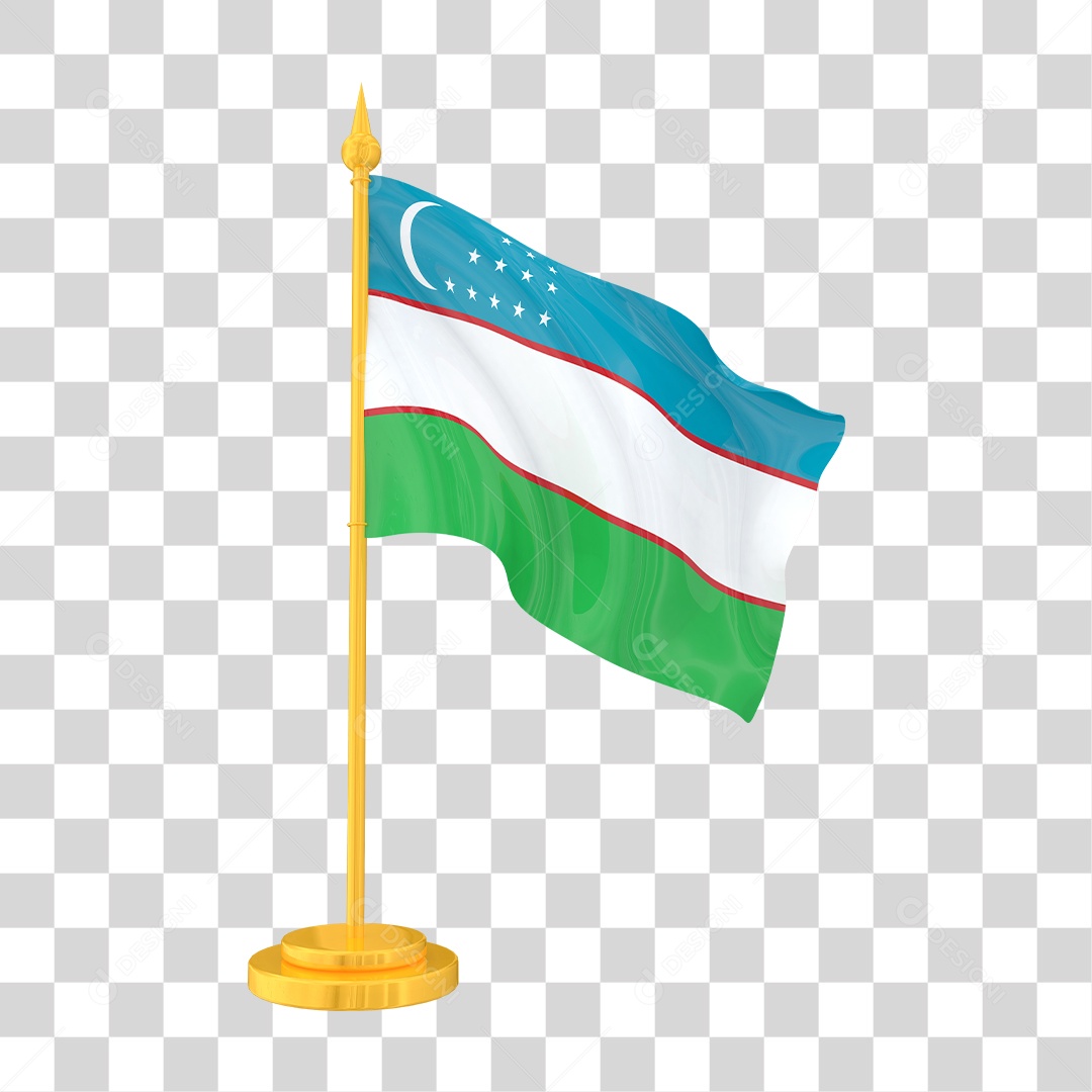 Bandeira do Uzbequistão em Estilo Realista no Mastro Dourado Formato PNG Transparente