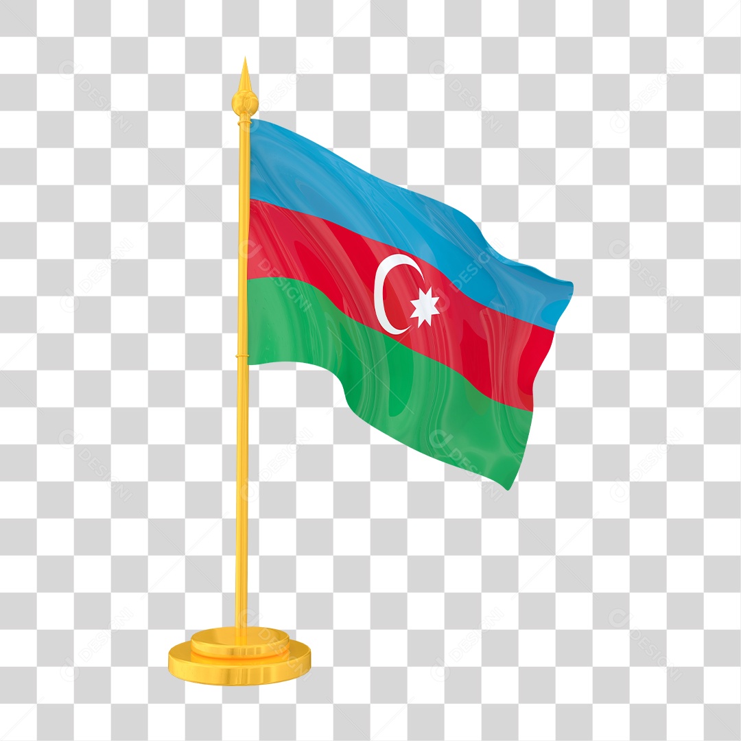 Bandeira do Azerbaijão em Estilo Realista no Mastro Dourado Formato PNG Transparente