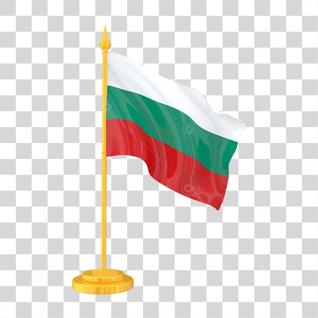 Bandeira da Bulgária em Estilo Realista no Mastro Dourado Formato PNG Transparente