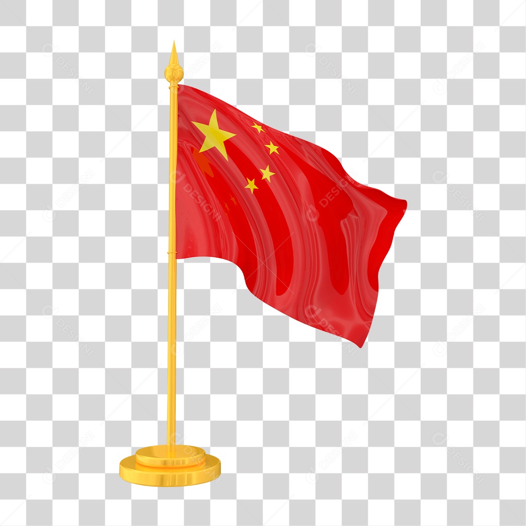 Bandeira da China em Estilo Realista no Mastro Dourado Formato PNG Transparente