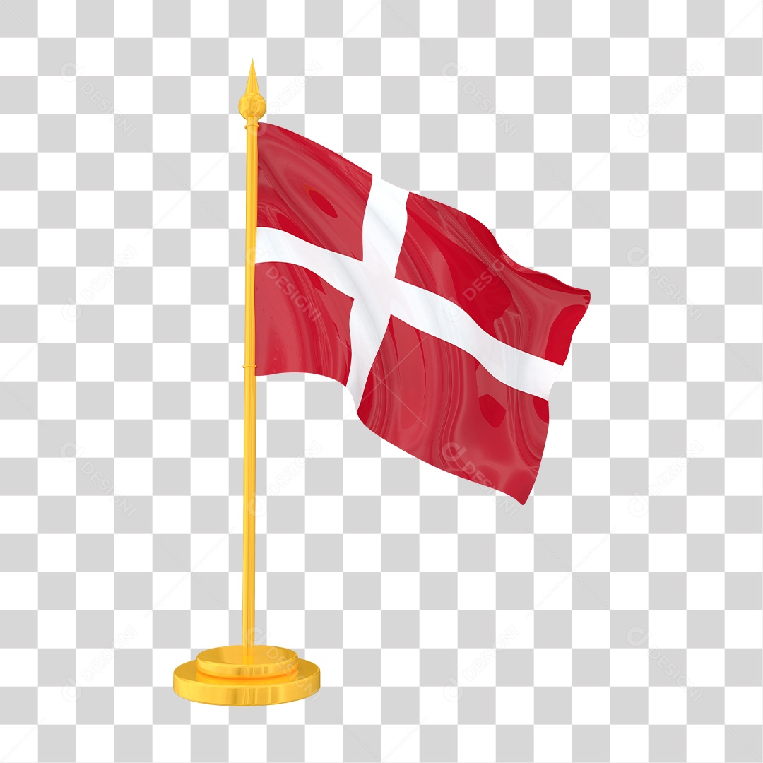 Bandeira da Dinamarca em Estilo Realista no Mastro Dourado Formato PNG Transparente