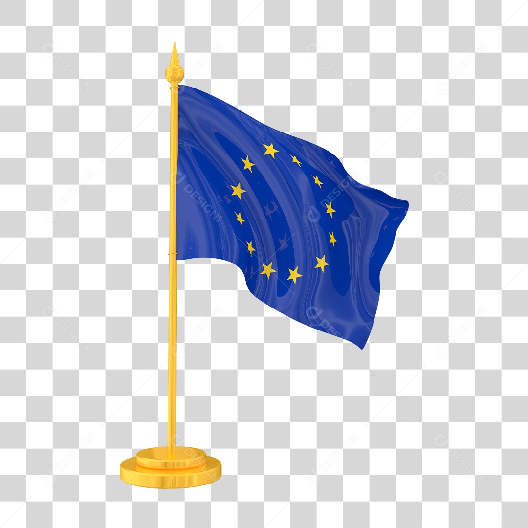 Bandeira da União Europeia em Estilo Realista no Mastro Dourado Formato PNG Transparente
