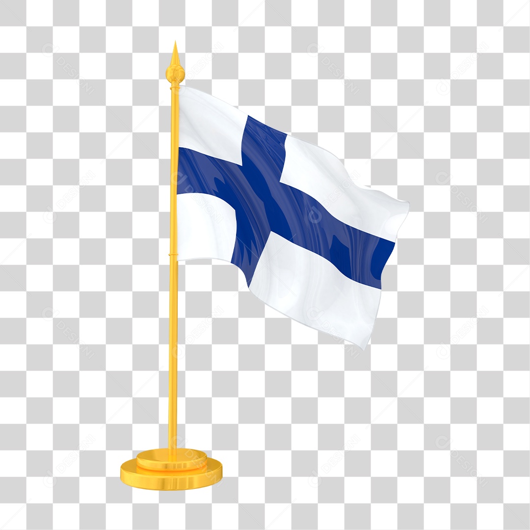 Bandeira da Finlândia em Estilo Realista no Mastro Dourado Formato PNG Transparente