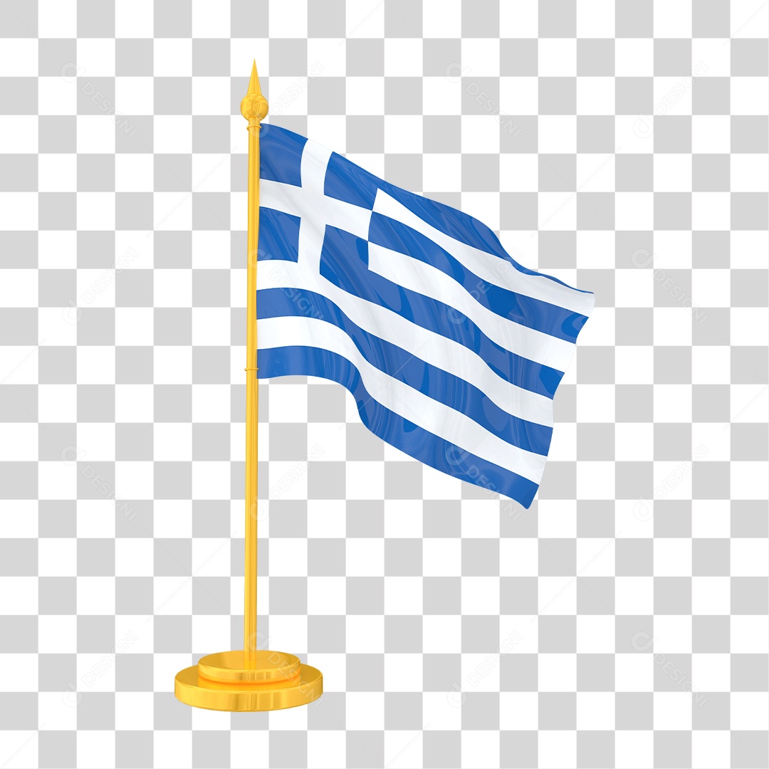 Bandeira da Grécia em Estilo Realista no Mastro Dourado Formato PNG Transparente