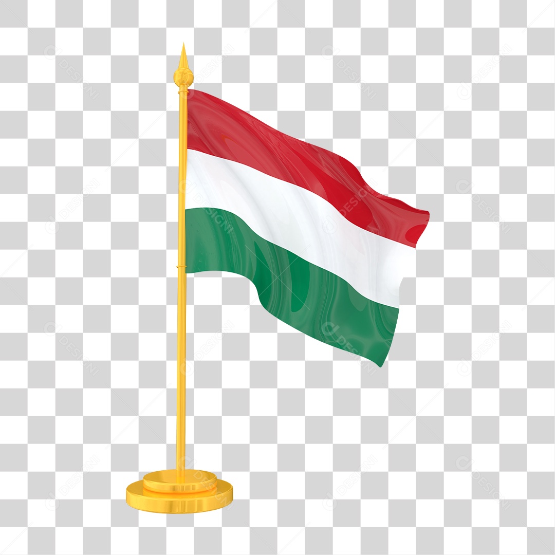 Bandeira da Hungria em Estilo Realista no Mastro Dourado Formato PNG Transparente