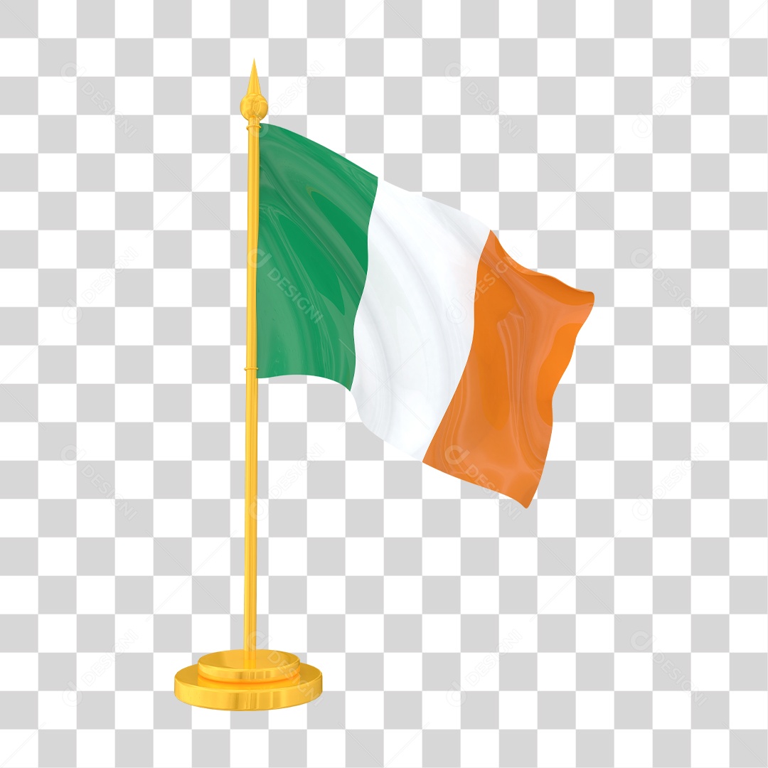 Bandeira da Irlanda em Estilo Realista no Mastro Dourado Formato PNG Transparente