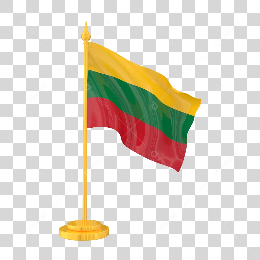 Bandeira da Lituânia em Estilo Realista no Mastro Dourado Formato PNG Transparente