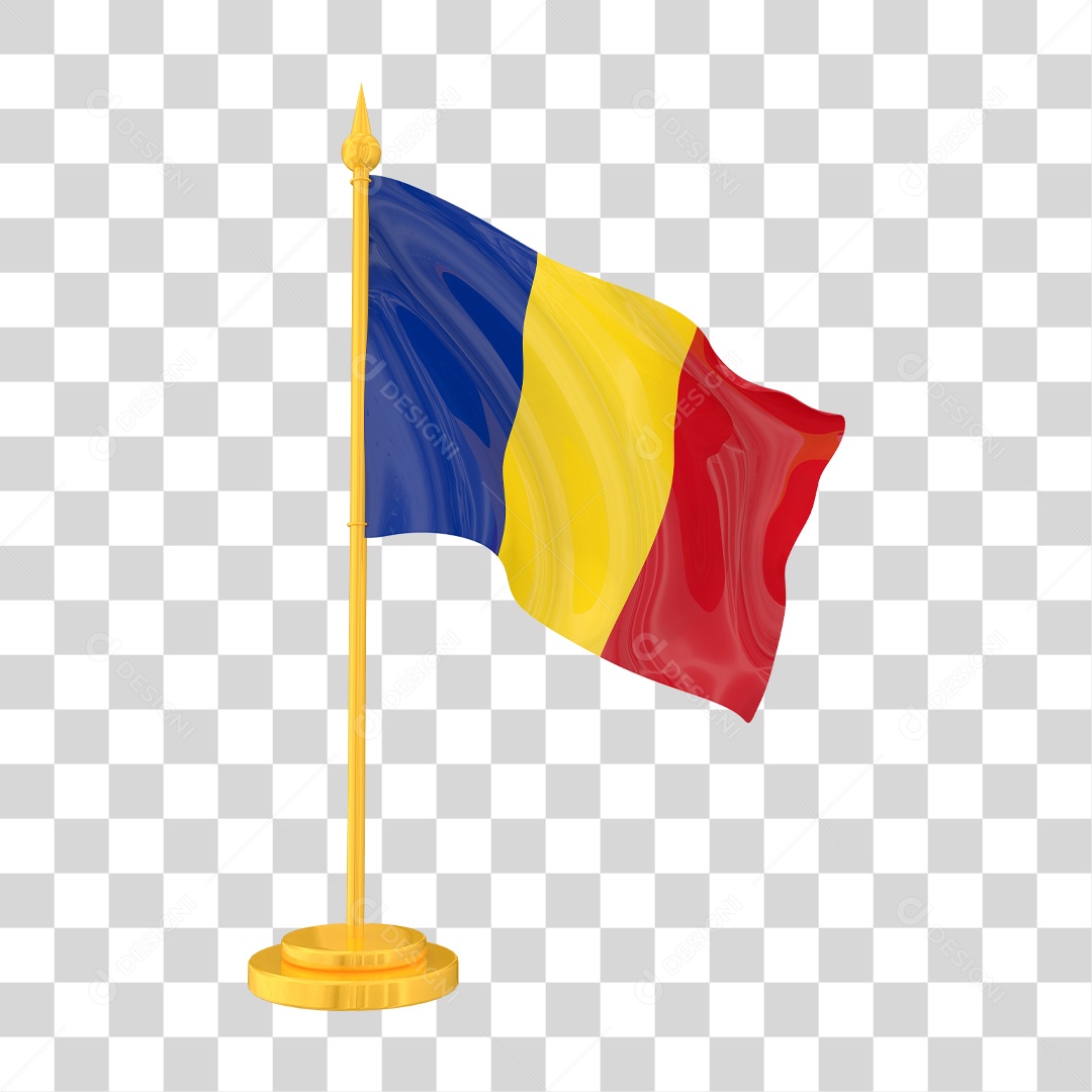 Bandeira da Romênia em Estilo Realista no Mastro Dourado Formato PNG Transparente
