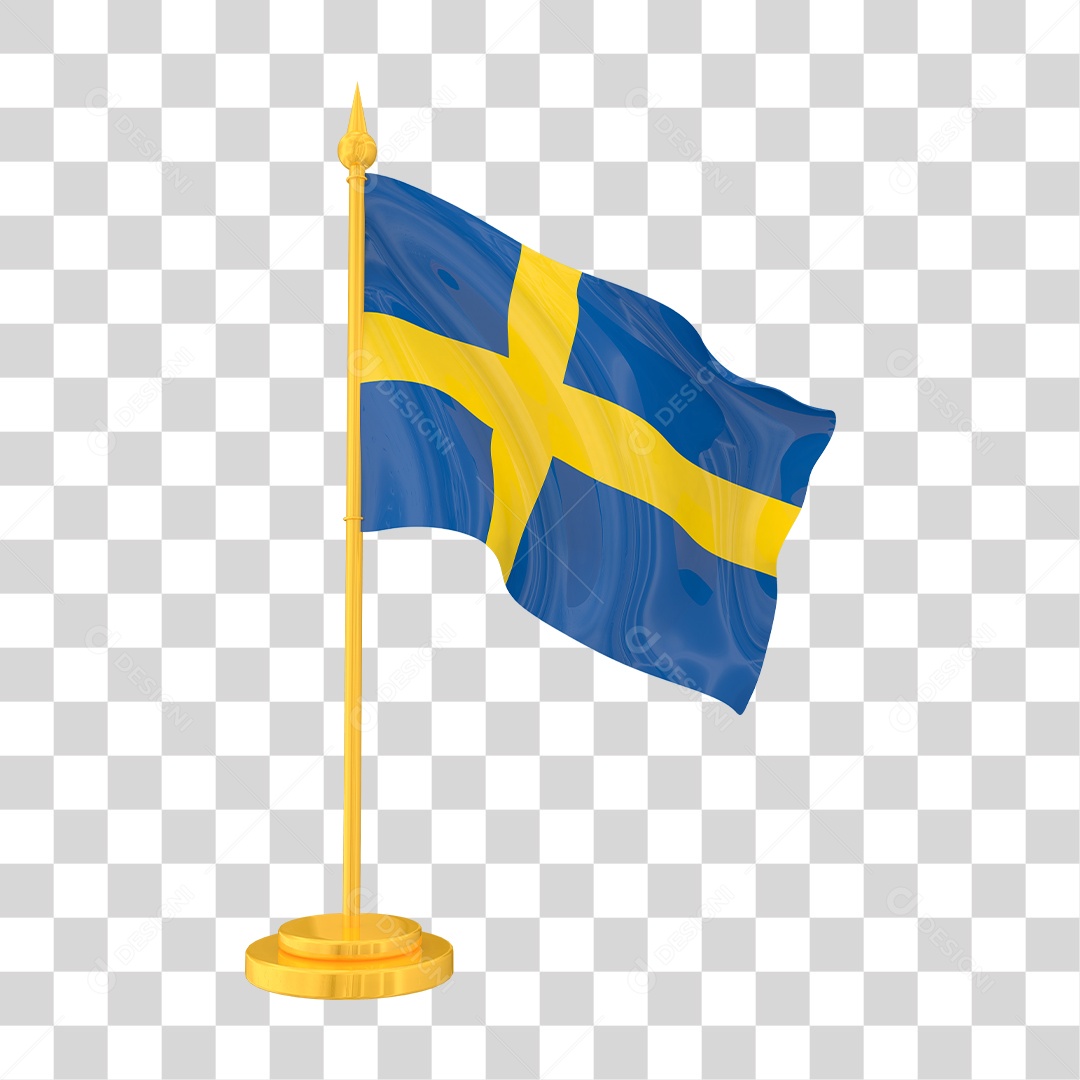 Bandeira da Suécia em Estilo Realista no Mastro Dourado Formato PNG Transparente