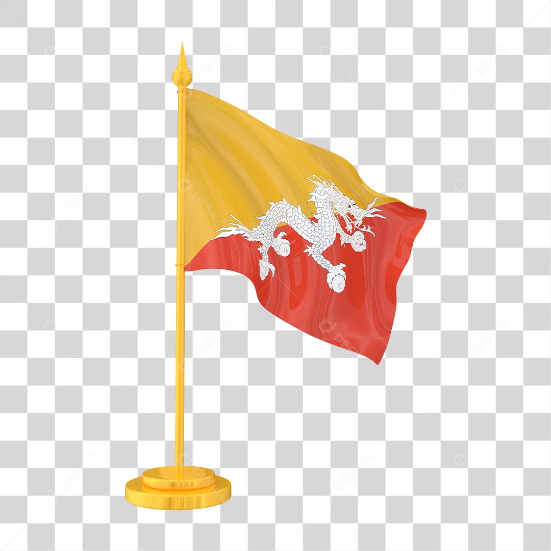 Bandeira do Butão em Estilo Realista no Mastro Dourado Formato PNG Transparente