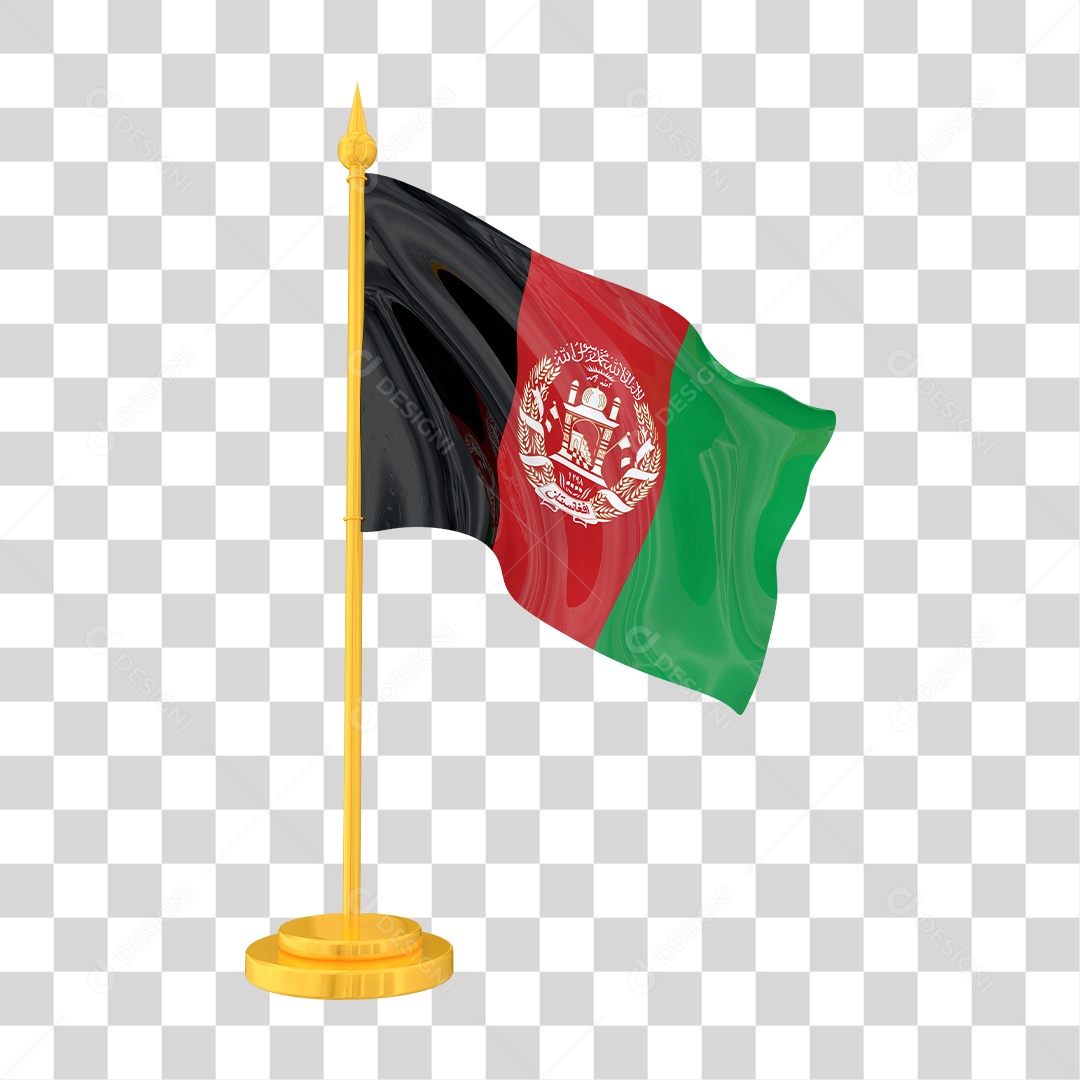 Bandeira do Afeganistão em Estilo Realista no Mastro Dourado Formato PNG Transparente