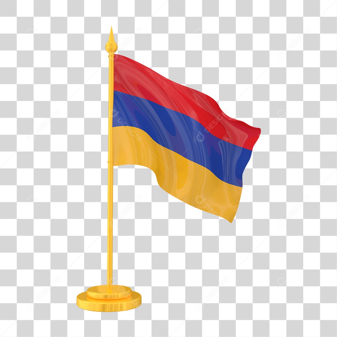 Bandeira da Armênia em Estilo Realista no Mastro Dourado Formato PNG Transparente