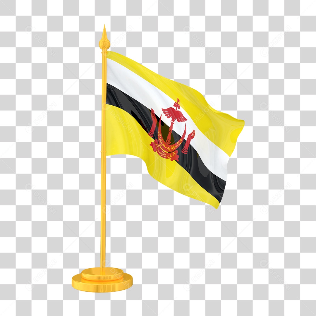 Bandeira de Brunei em Estilo Realista no Mastro Dourado Formato PNG Transparente