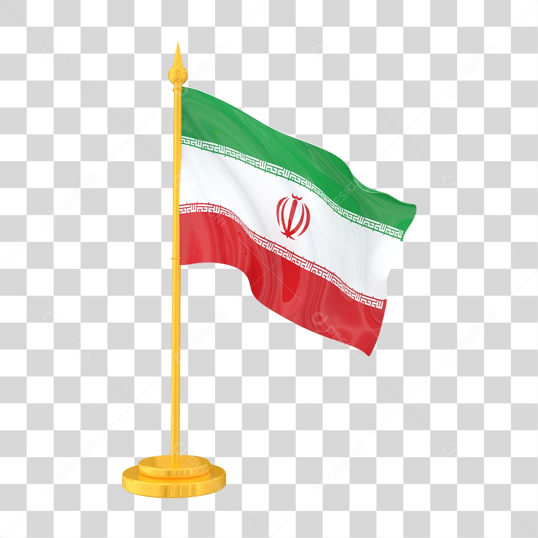 Bandeira do Irã em Estilo Realista no Mastro Dourado Formato PNG Transparente