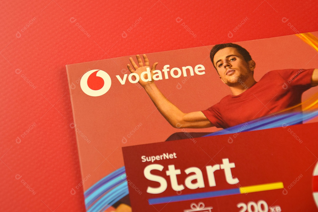 Pacote inicial da Vodafone sobre fundo vermelho