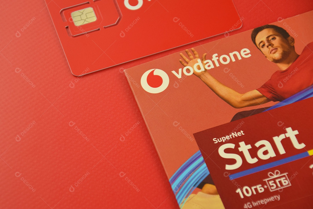 Pacote inicial da Vodafone sobre fundo vermelho
