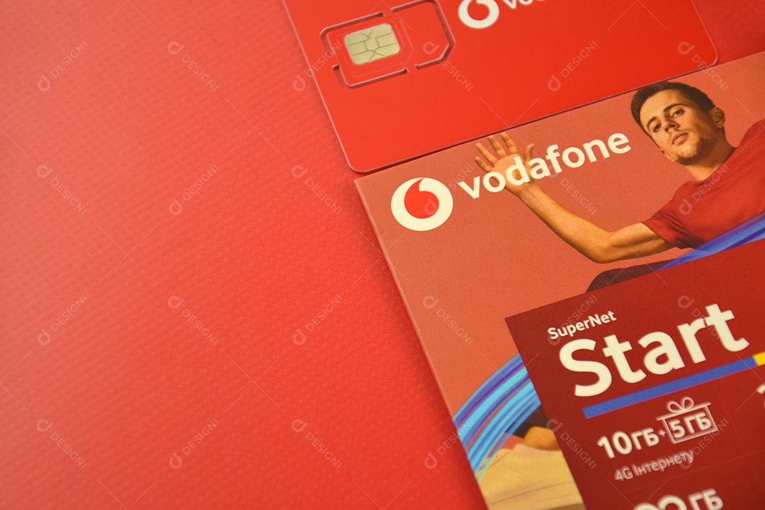 Pacote inicial da Vodafone sobre fundo vermelho