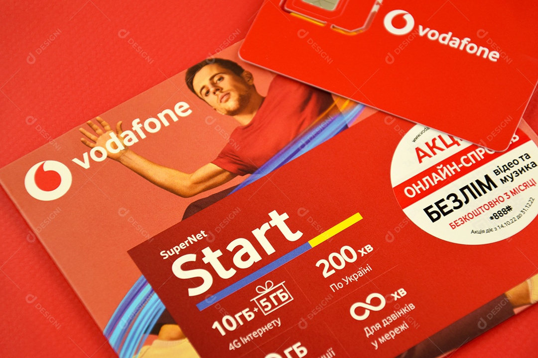 Pacote inicial da Vodafone sobre fundo vermelho