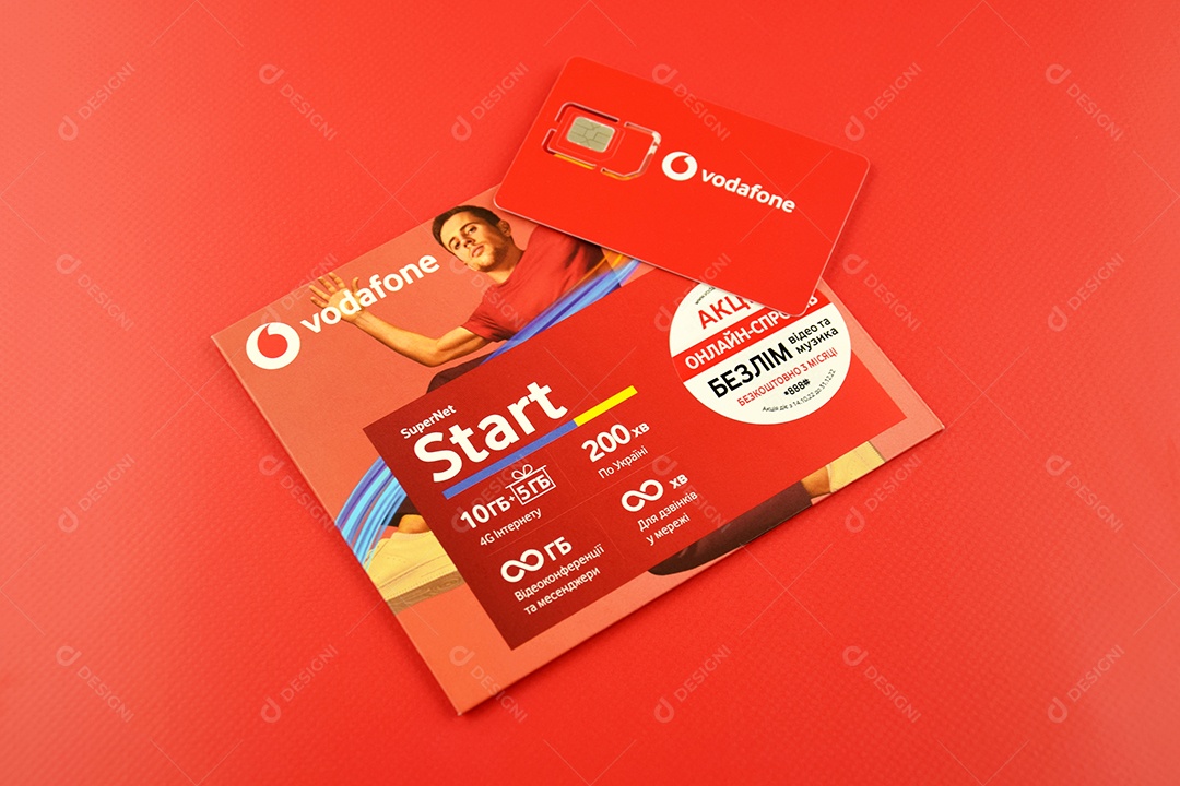 Pacote inicial da Vodafone sobre fundo vermelho