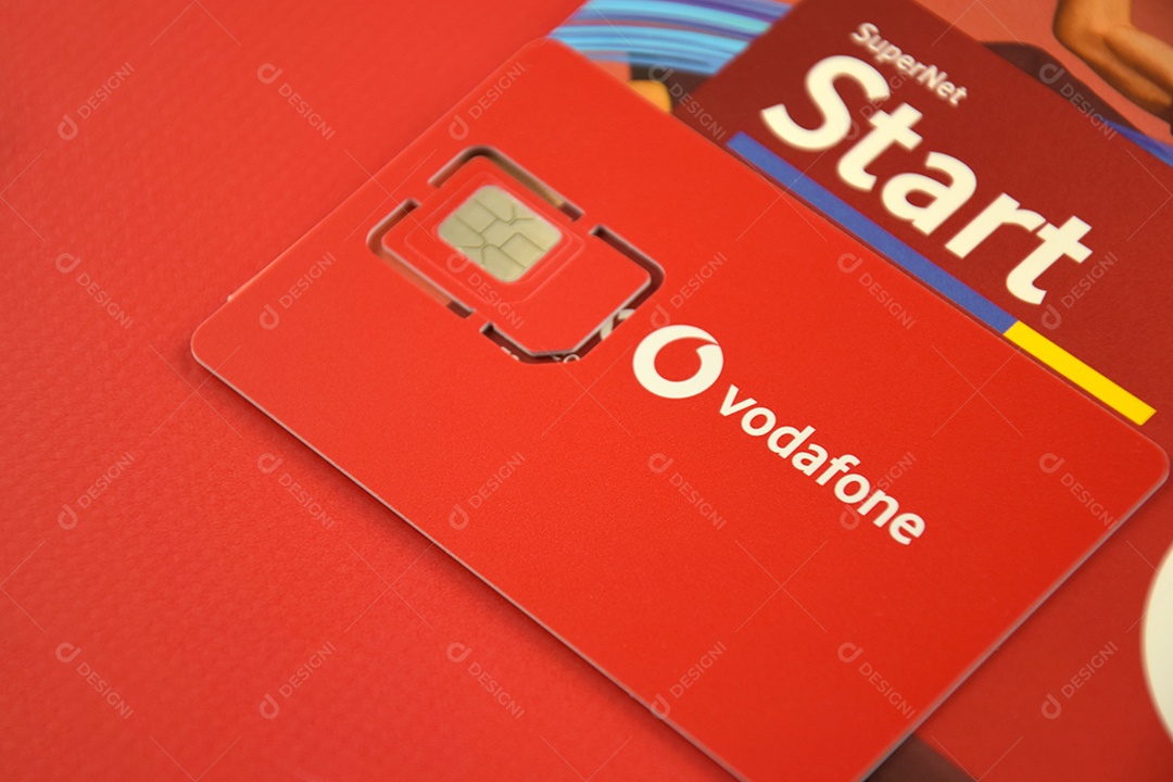 Pacote inicial da Vodafone sobre fundo vermelho