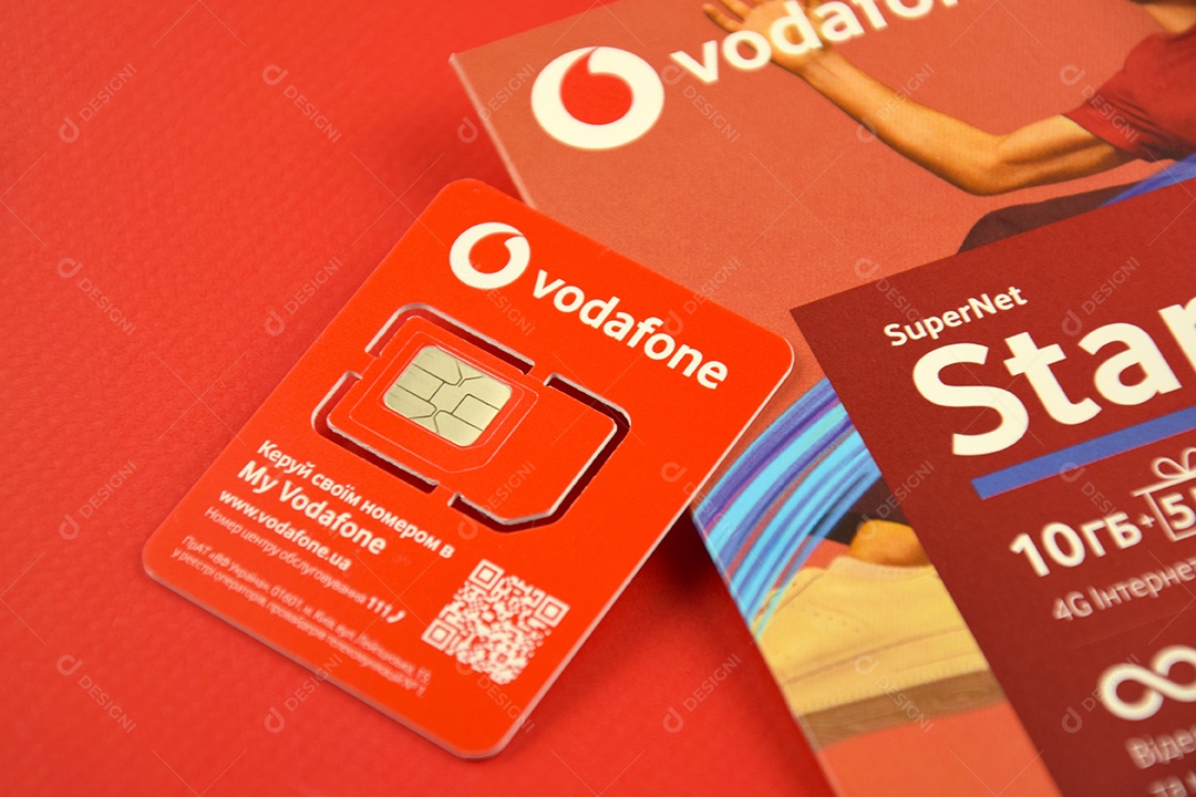 Pacote inicial da Vodafone sobre fundo vermelho