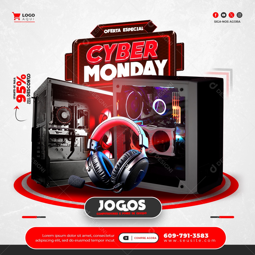 Oferta Especial Cyber Monday Jogos Computadores Fones de Ouvidos 95% Desconto Social Media PSD Editável