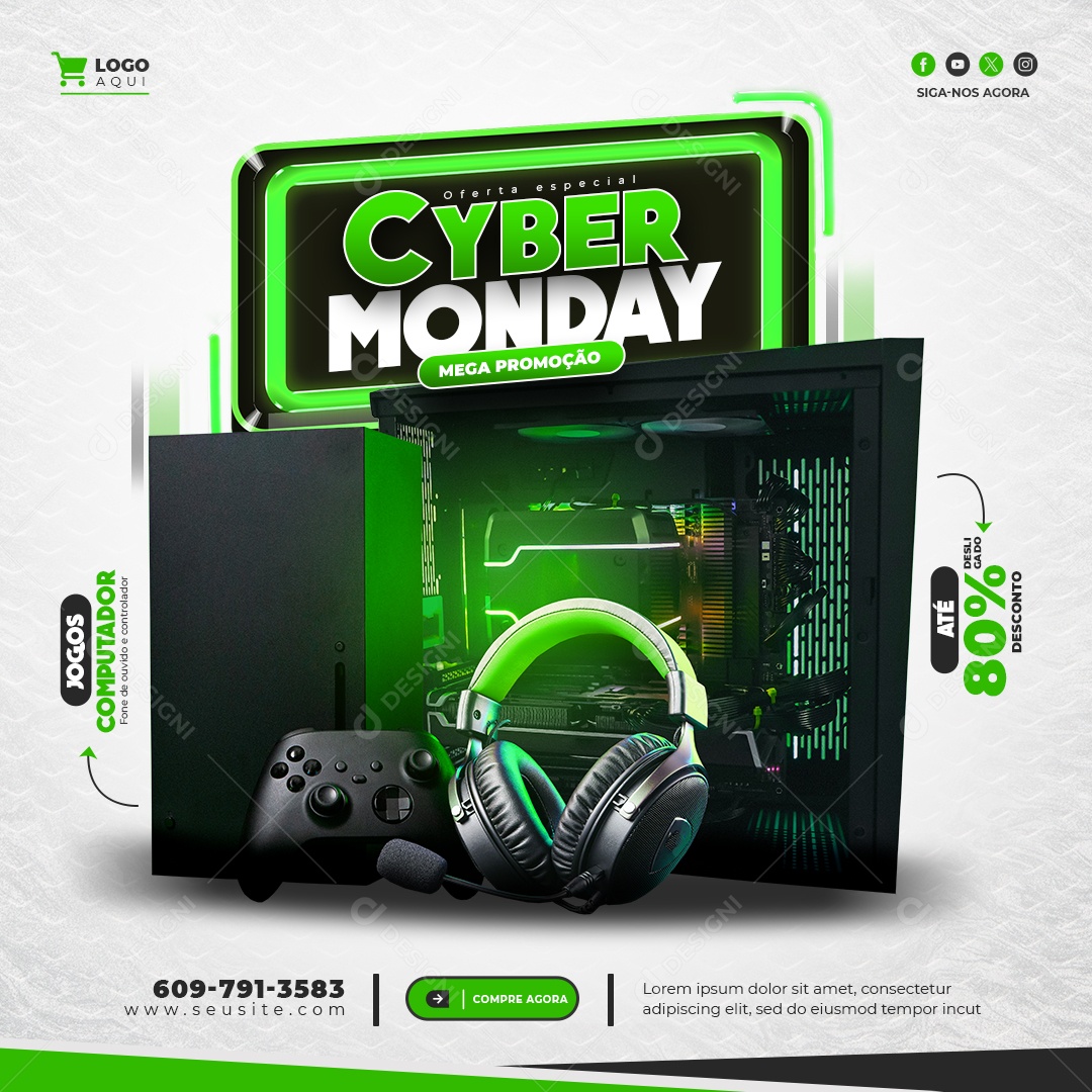 Cyber Monday Oferta Especial Mega Promoção Headset Controle e Computador Até 80% Desconto Social Media PSD Editável
