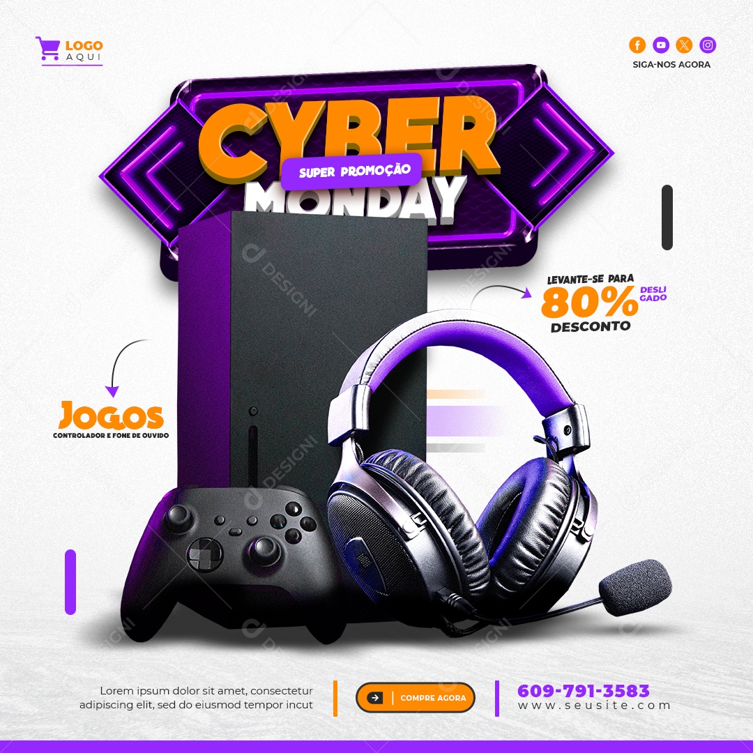 Cyber Monday Super Promoção Jogos Controle e Fone de Ouvido Levante se para 80% Desconto Social Media PSD Editável