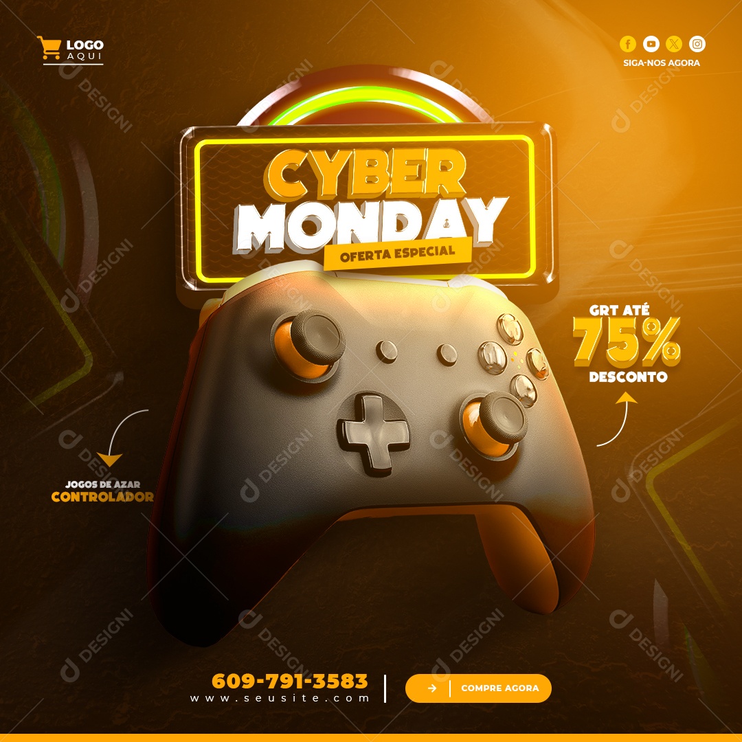 Cyber Monday Oferta Especial Jogos de Azar Controlador GRT Até 75% Desconto Social Media PSD Editável